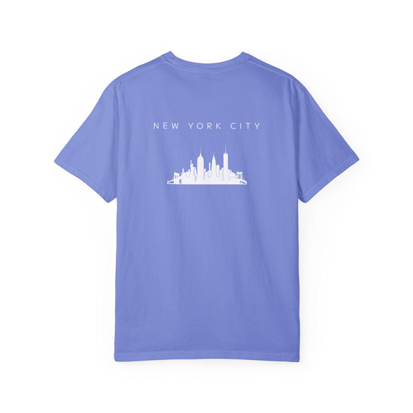 New York City White Skyline Manhattan Unisex Double Sided T-shirt - Flo Blue