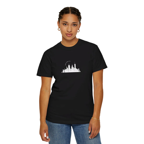 NYC Skyline T-Shirt Manhattan Landmarks Unisex T-Shirt Garment-Dyed T-shirt Rainbow Text Comfort Colors Black T-Shirt