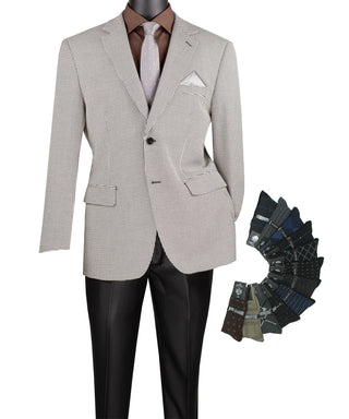Front view of men’s modern-fit houndstooth blazer pairing socks