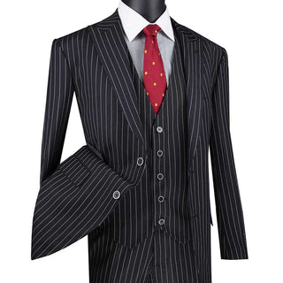 Luxurious Men's 3-Piece Gangster Stripe Suit - Black Triple Blessings