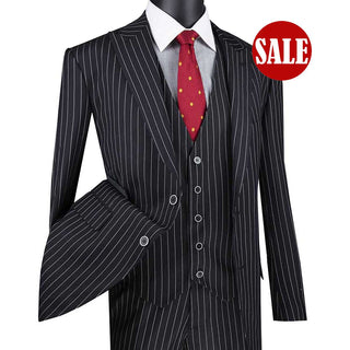 Luxurious Men's 3-Piece Gangster Stripe Suit - Black Triple Blessings