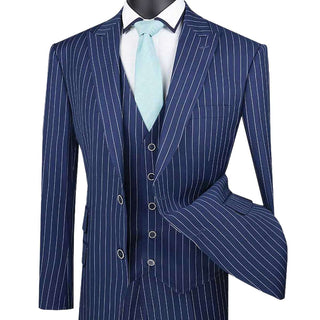 Luxurious Men's 3-Pieces Gangster Stripe Suit - Blue Triple Blessings