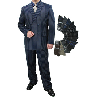 Luxurious Men's Double-Breasted Gangster Stripe Suit Blue Triple Blessings