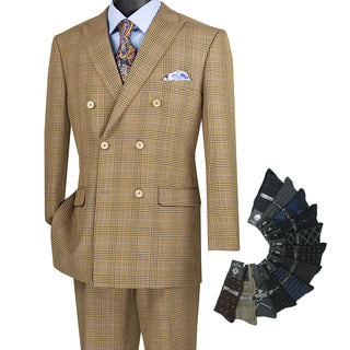 Luxurious Men's Double-Breasted Glen Plaid Suit Mocha Triple Blessings