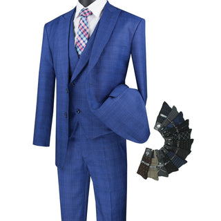 Luxurious Men's Modern-Fit 3-Piece Glen Plaid Suit Blue Triple Blessings