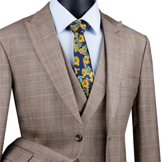 Luxurious Men's Modern-Fit 3-Piece Glen Plaid Suit Tan Triple Blessings