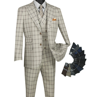 Luxurious Men's Modern-Fit 3-Piece Windowpane Suit Putty Triple Blessings