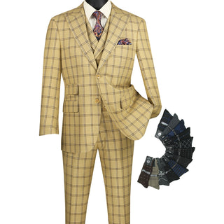 Luxurious Men's Modern-Fit 3-Piece Windowpane Suit Tan Triple Blessings