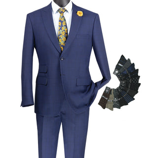 Luxurious Men's Modern-Fit Windowpane Suit Blue Triple Blessings