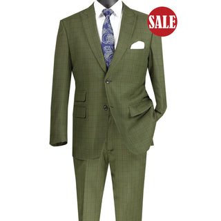 Luxurious Men's Modern-Fit Windowpane Suit Olive Triple Blessings