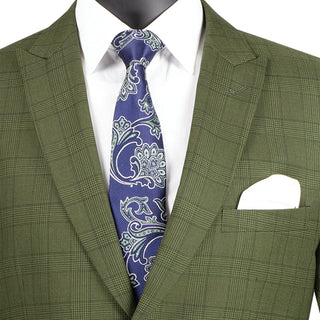 Luxurious Men's Modern-Fit Windowpane Suit Olive Triple Blessings