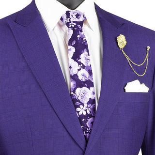 Luxurious Men's Modern-Fit Windowpane Suit Purple Triple Blessings
