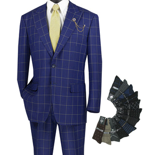Luxurious Men's Regular-Fit Windowpane Suit Navy Triple Blessings