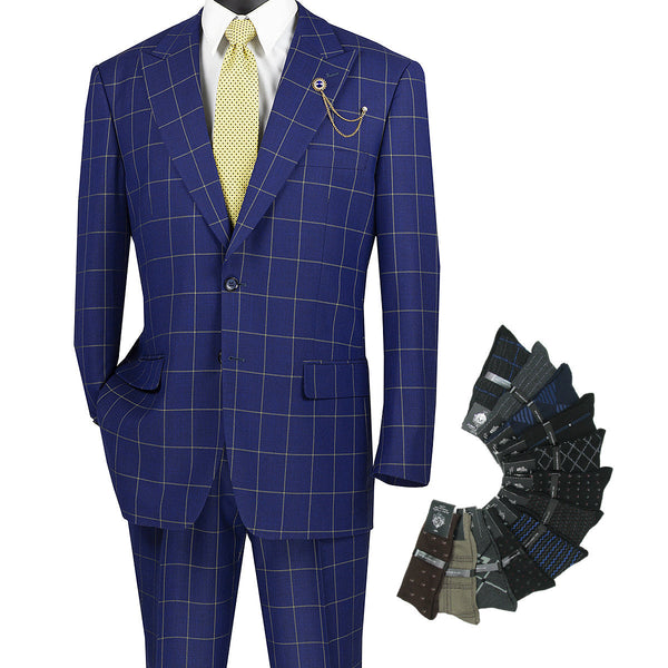Luxurious Men's Regular-Fit Windowpane Suit Navy Triple Blessings