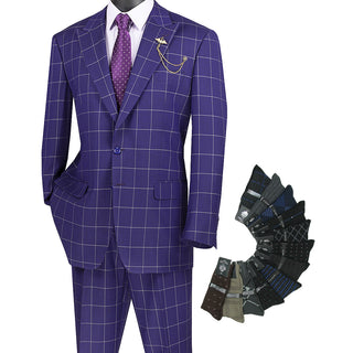 Luxurious Men's Regular-Fit Windowpane Suit Purple Triple Blessings