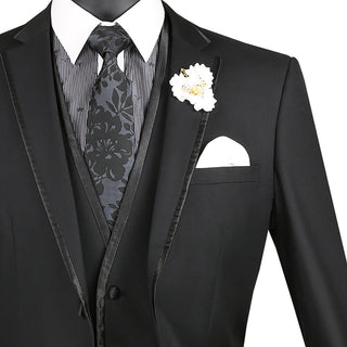 Luxurious Men's Slim-Fit 3-Piece Trim Lapel Textured Solid Suit Black Triple Blessings