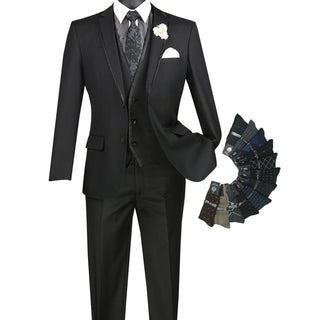 Luxurious Men's Slim-Fit 3-Piece Trim Lapel Textured Solid Suit Black Triple Blessings