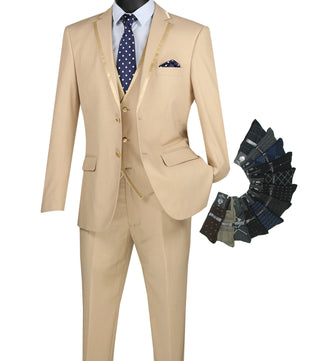 Luxurious Men's Slim-Fit 3-Piece Trimmed Lapel Textured Solid Suit Beige Triple Blessings
