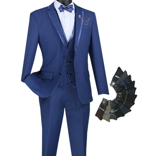 Luxurious Men's Slim-Fit 3-Piece Trimmed Lapel Textured Solid Suit Blue Triple Blessings
