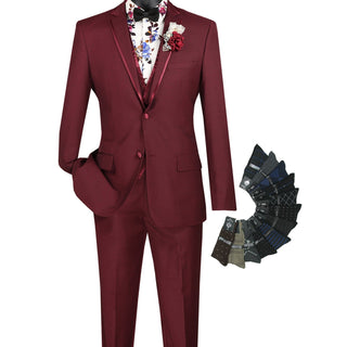 Luxurious Men's Slim-Fit 3-Piece Trimmed Lapel Textured Solid Suit Burgundy Triple Blessings