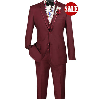 Luxurious Men's Slim-Fit 3-Piece Trimmed Lapel Textured Solid Suit Burgundy Triple Blessings