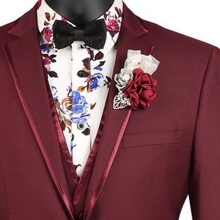 Luxurious Men's Slim-Fit 3-Piece Trimmed Lapel Textured Solid Suit Burgundy Triple Blessings