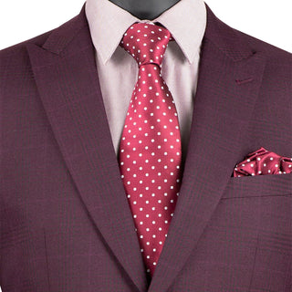 Luxurious Men's Slim-Fit Stretch Armhole Glen Plaid Suit Burgundy Triple Blessings