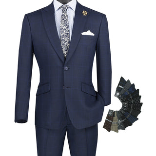 Luxurious Men's Slim-Fit Stretch Armhole Glen Plaid Suit Navy Triple Blessings