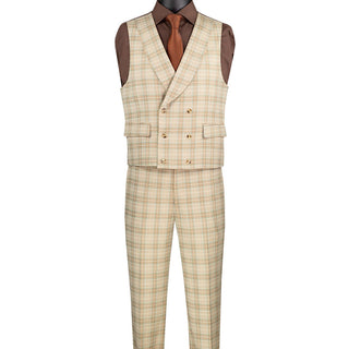 Luxurious Men's Modern-Fit, 3-Piece Windowpane Suit Khaki (Stretch Fabric)