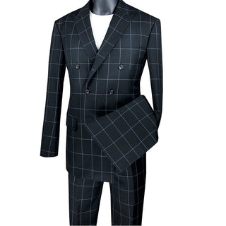 Men's Modern-Fit Double-Breasted Windowpane Suit Black Triple Blessings