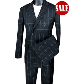 Men's Modern-Fit Double-Breasted Windowpane Suit Black Triple Blessings