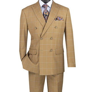 Men's Modern-Fit Double-Breasted Windowpane Suit CAMEL Triple Blessings