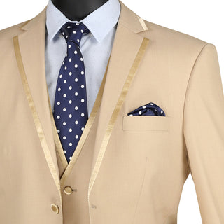 Luxurious Men's Slim-Fit 3-Piece Trimmed Lapel Textured Solid Suit Beige