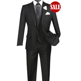 Luxurious Men's Slim-Fit 3-Piece Trimmed Lapel Textured Solid Suit Black