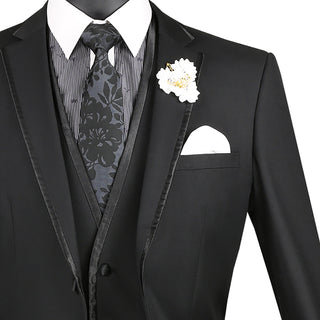 Luxurious Men's Slim-Fit 3-Piece Trimmed Lapel Textured Solid Suit Black