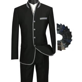 Sharkskin Slim-Fit Banded-Collar Nehru Church Suit Black Triple Blessings