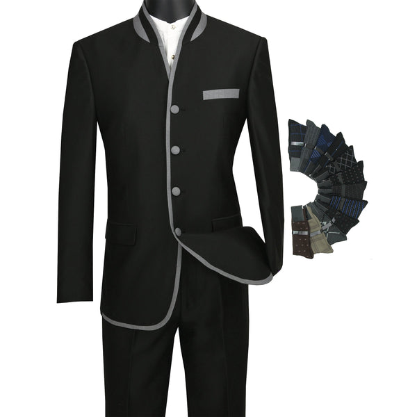 Sharkskin Slim-Fit Banded-Collar Nehru Church Suit Black Triple Blessings