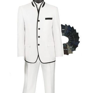 Sharkskin Slim-Fit Banded-Collar Nehru Church Suit White Triple Blessings