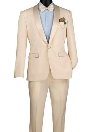 Luxurious Men Slim-Fit Stretch CHAMPAGNE Tuxedo, Adjustable Waist Band, Bow Tie, Pocket Square & Socks