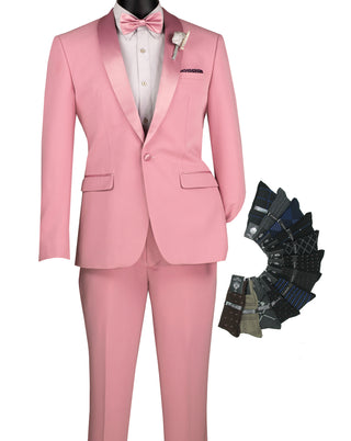 Luxurious Men Slim-Fit Stretch Tuxedo,Adjust Waist Band, Matching Bow Tie, Pocket Square & Socks