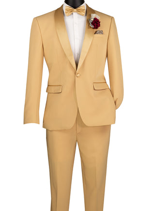 Luxurious Men Slim-Fit Stretch L. GOLD Tuxedo, Adjustable Waist Band, Bow Tie, Pocket Square & Socks