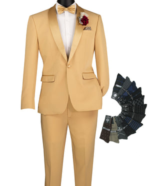 Luxurious Men Slim-Fit Stretch L. GOLD Tuxedo, Adjustable Waist Band, Bow Tie, Pocket Square & Socks