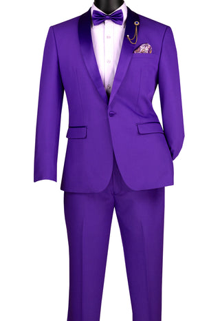 Luxurious Men Slim-Fit Stretch PURPLE Tuxedo, Adjustable Waist Band, Bow Tie, Pocket Square & Socks