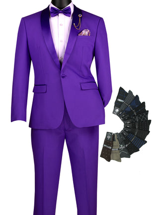 Luxurious Men Slim-Fit Stretch PURPLE Tuxedo, Adjustable Waist Band, Bow Tie, Pocket Square & Socks