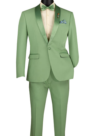 Luxurious Men Slim-Fit Stretch SAGE Tuxedo, Adjustable Waist Band, Bow Tie, Pocket Square & Socks