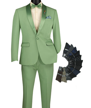 Luxurious Men Slim-Fit Stretch SAGE Tuxedo, Adjustable Waist Band, Bow Tie, Pocket Square & Socks