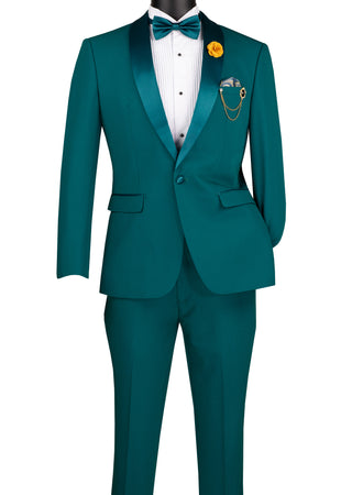 Luxurious Men Slim-Fit Stretch TEAL Tuxedo, Adjustable Waist Band, Bow Tie, Pocket Square & Socks