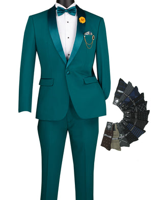 Luxurious Men Slim-Fit Stretch TEAL Tuxedo, Adjustable Waist Band, Bow Tie, Pocket Square & Socks