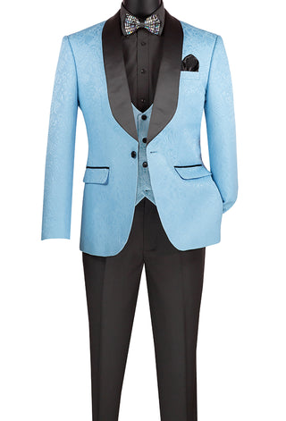 Luxurious Men Slim-Fit 3-Piece Jacquard Fabric Tuxedo L. Blue