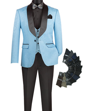 Luxurious Men Slim-Fit 3-Piece Jacquard Fabric Tuxedo L. Blue